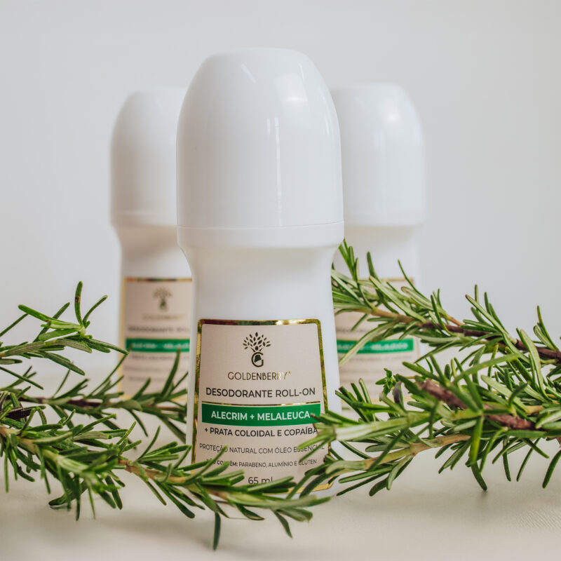 Desodorante Roll-On de Alecrim e Melaleuca com Prata Coloidal e Copaíba.